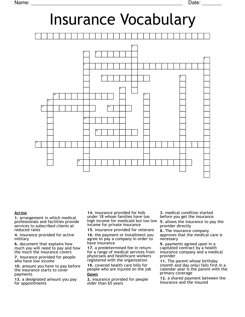 Insurance Vocabulary Crossword