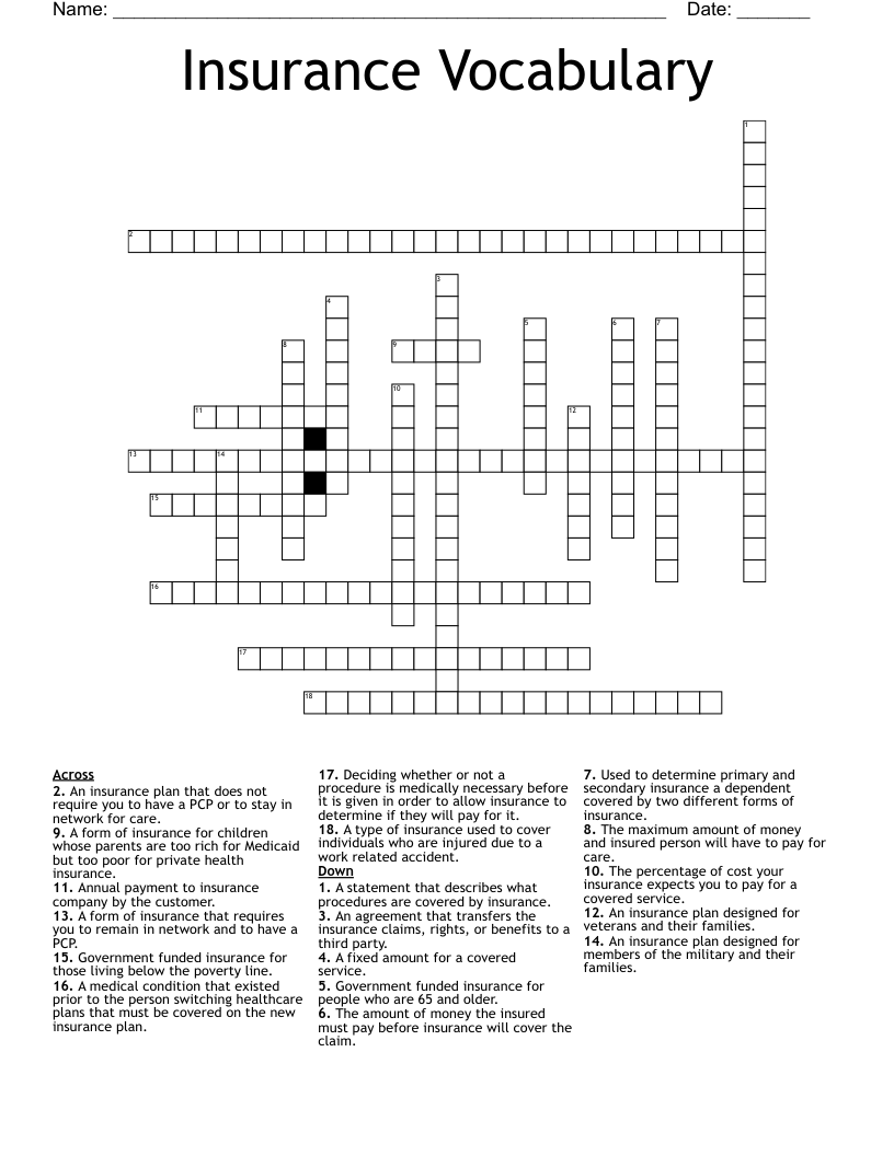 Insurance Vocabulary Crossword