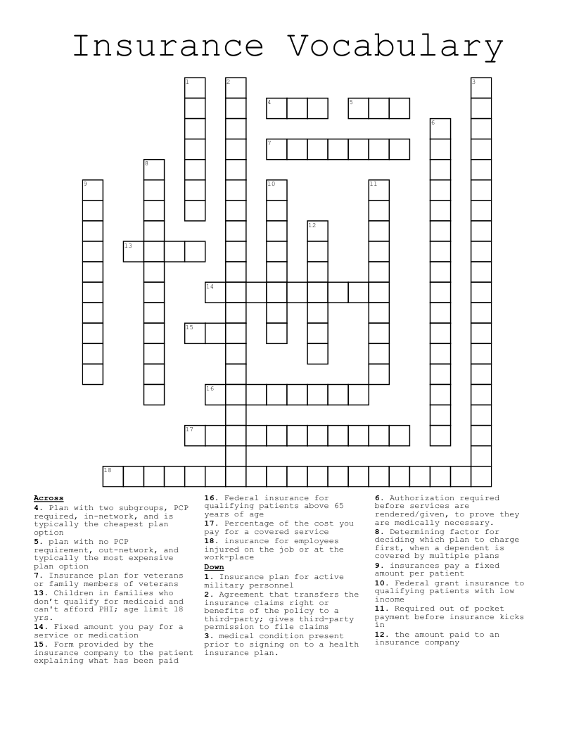 Insurance Vocabulary Crossword