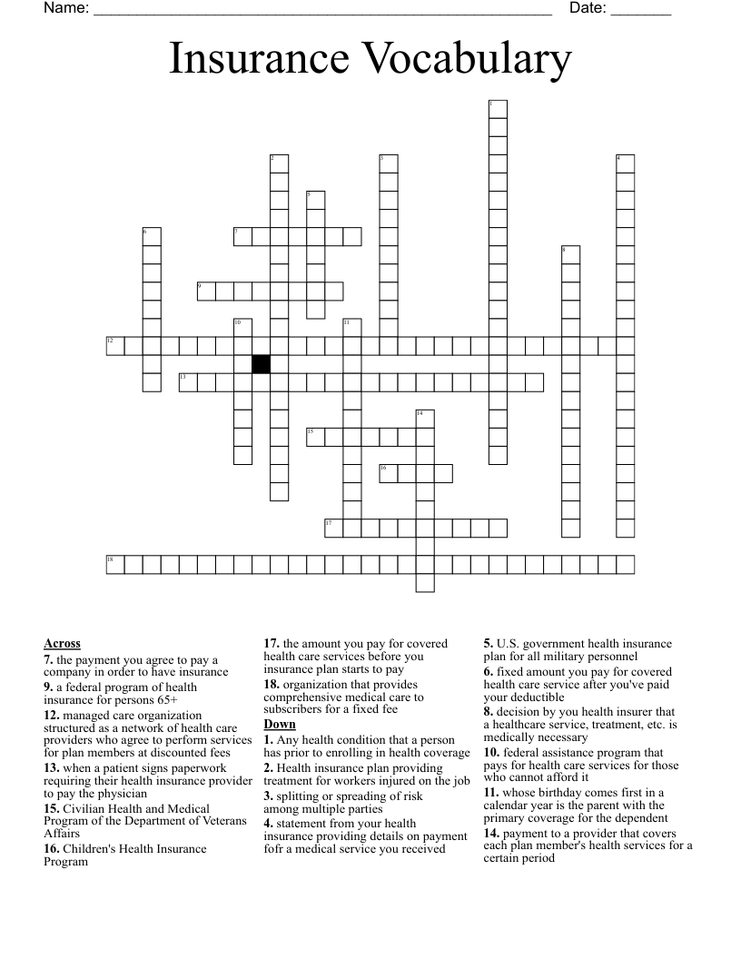 Insurance Vocabulary Crossword