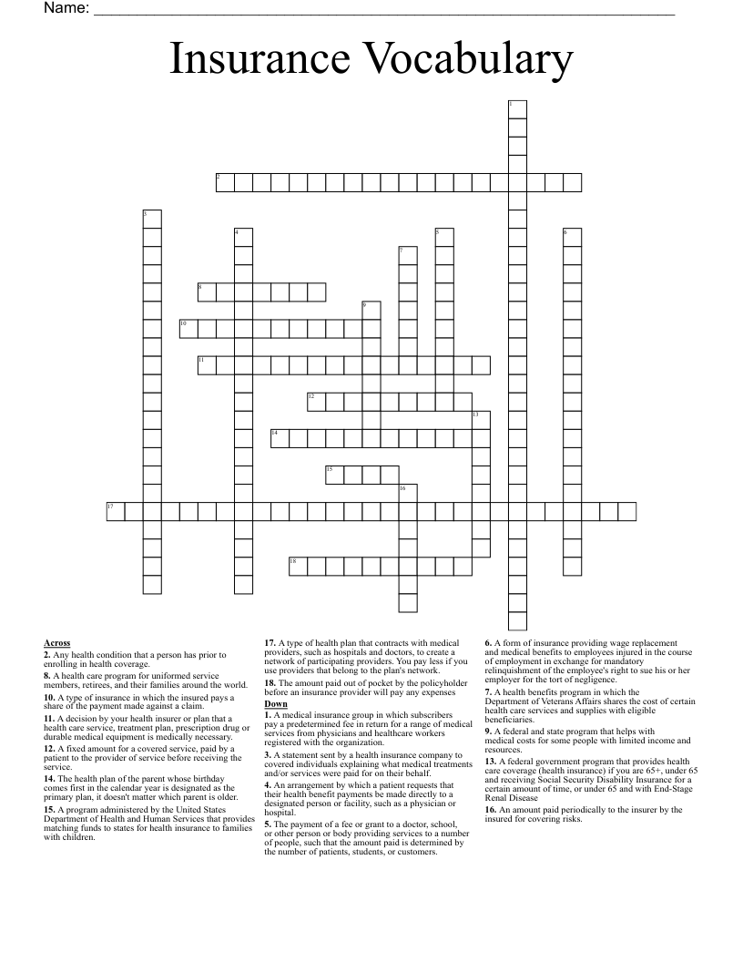 Insurance Vocabulary Crossword