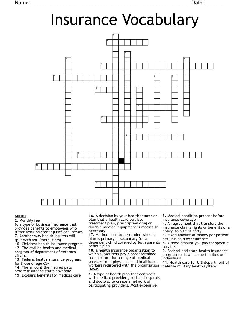 Insurance Vocabulary Crossword