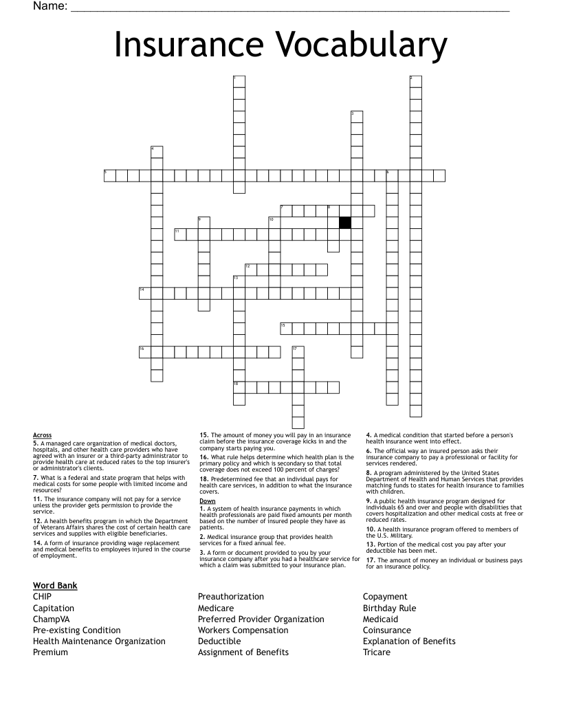 Insurance Vocabulary Crossword
