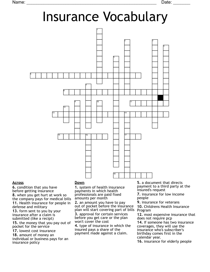 Insurance Vocabulary Crossword