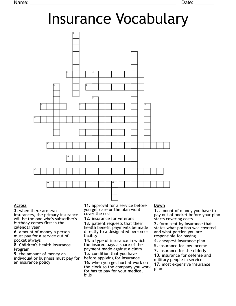 Insurance Vocabulary Crossword