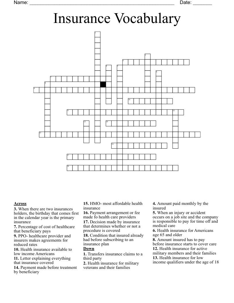 Insurance Vocabulary  Crossword