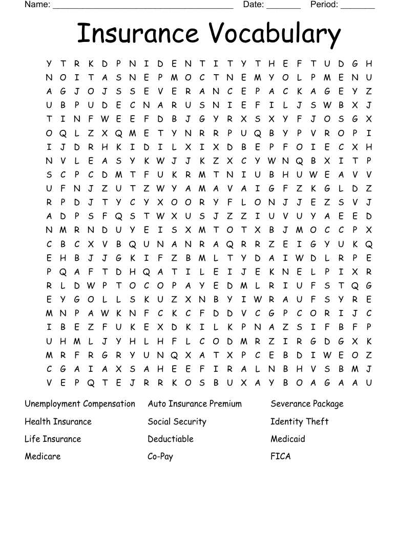 Insurance Vocabulary  Word Search