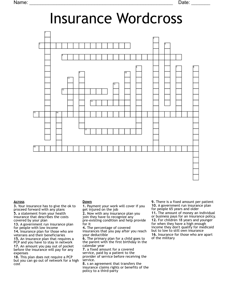 Insurance Wordcross Crossword