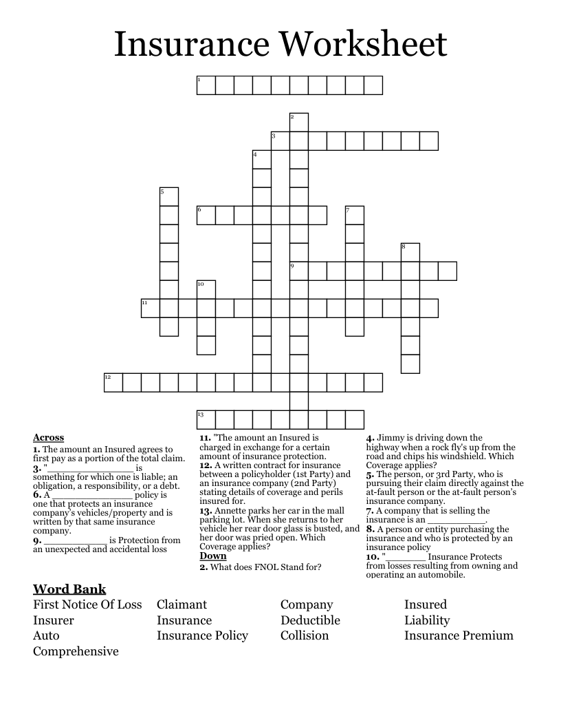 Insurance Worksheet Crossword