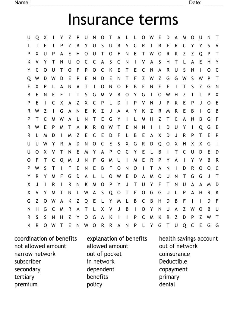 Insurance terms Word Search