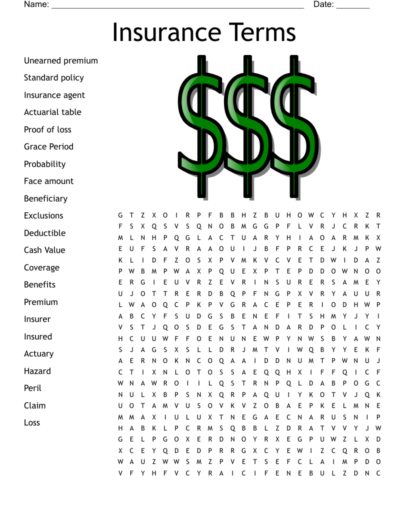 Insurance Terms Word Search