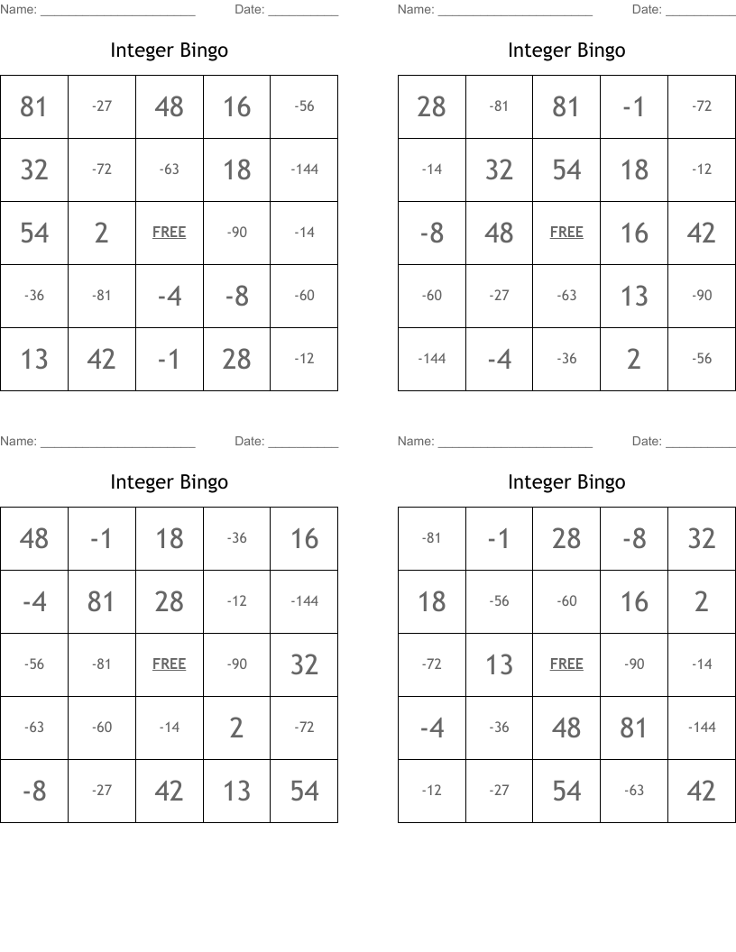 Integer Bingo