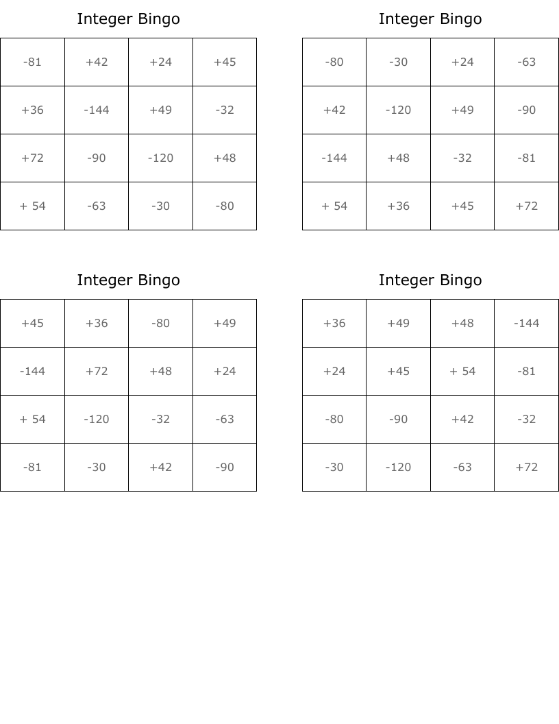 Integer Bingo