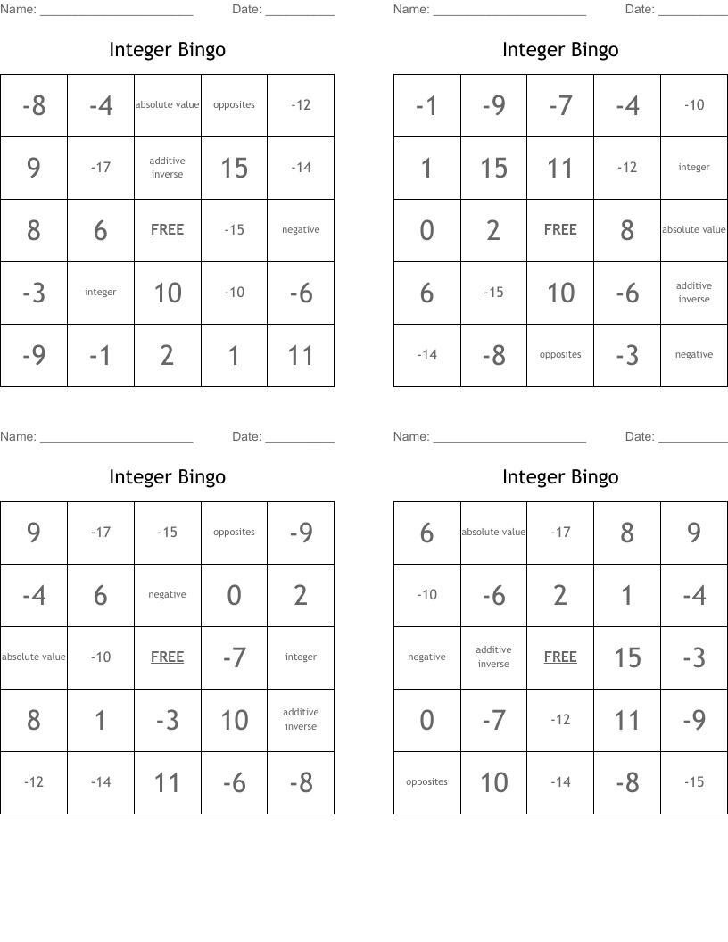 Integer Bingo