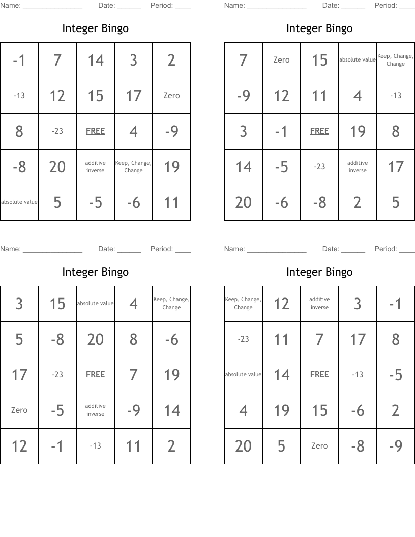 Integer Bingo