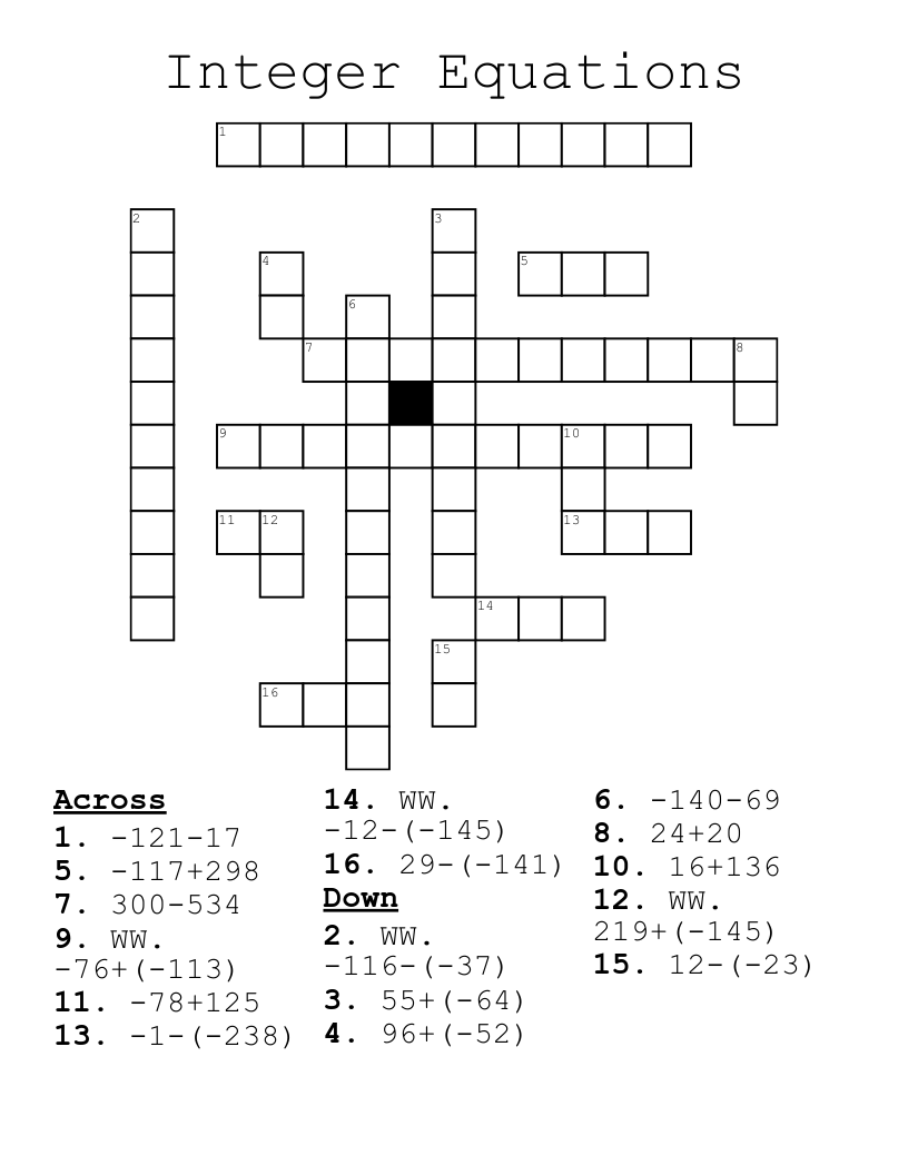 Integer Equations Crossword