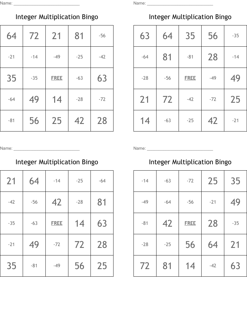 Integer Multiplication Bingo