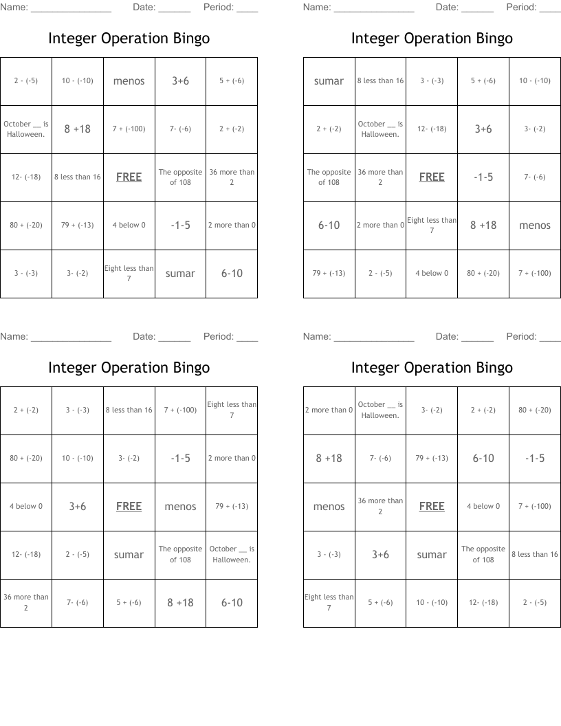 Integer Operation Bingo