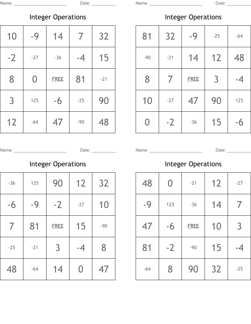 Integer Operations Bingo Cards