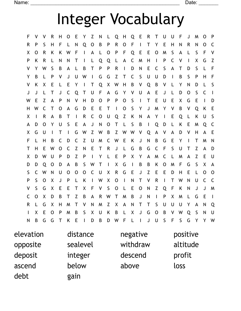 Integer Vocabulary Word Search