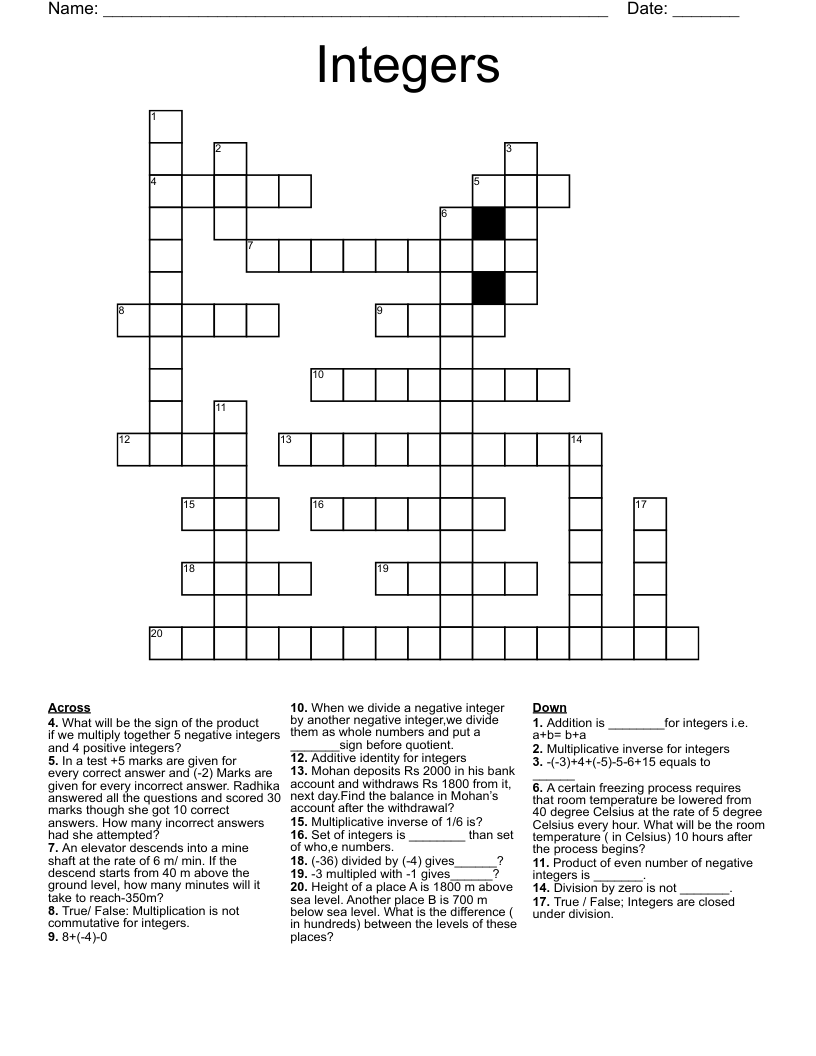 Integers Crossword