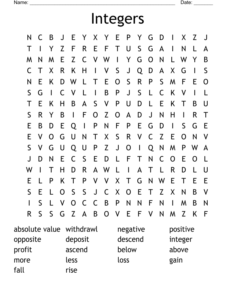 Integers Word Search