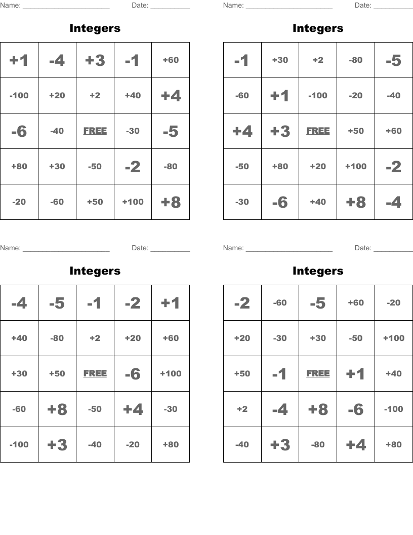 Integers Bingo Cards