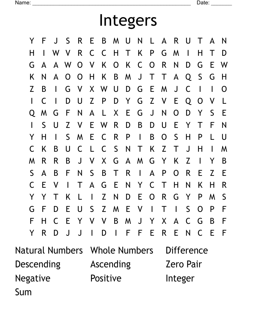 Integers Word Search