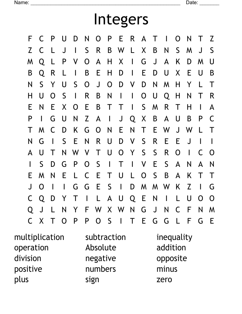 Integers Word Search