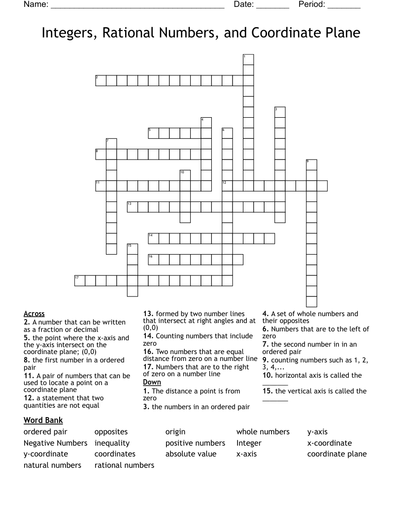 Integers, Rational Numbers, and Coordinate Plane Crossword