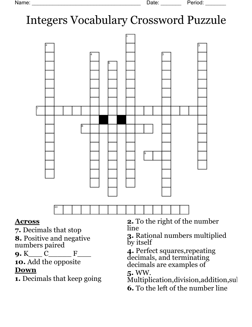 Integers Vocabulary Crossword Puzzule