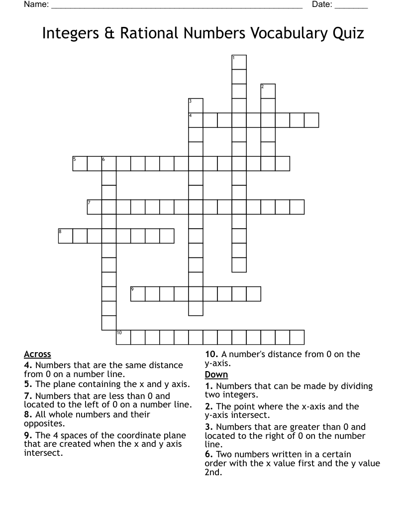Integers & Rational Numbers Vocabulary Quiz Crossword