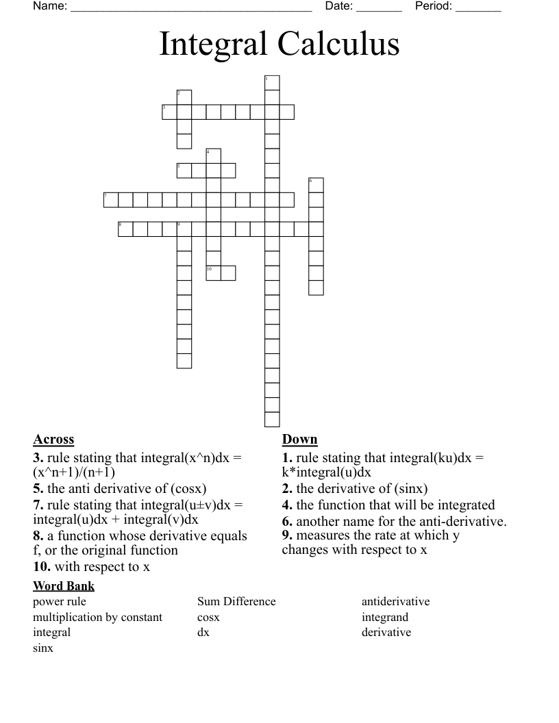 Integral Calculus Crossword