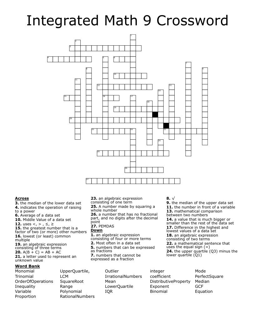 Integrated Math 9 Crossword