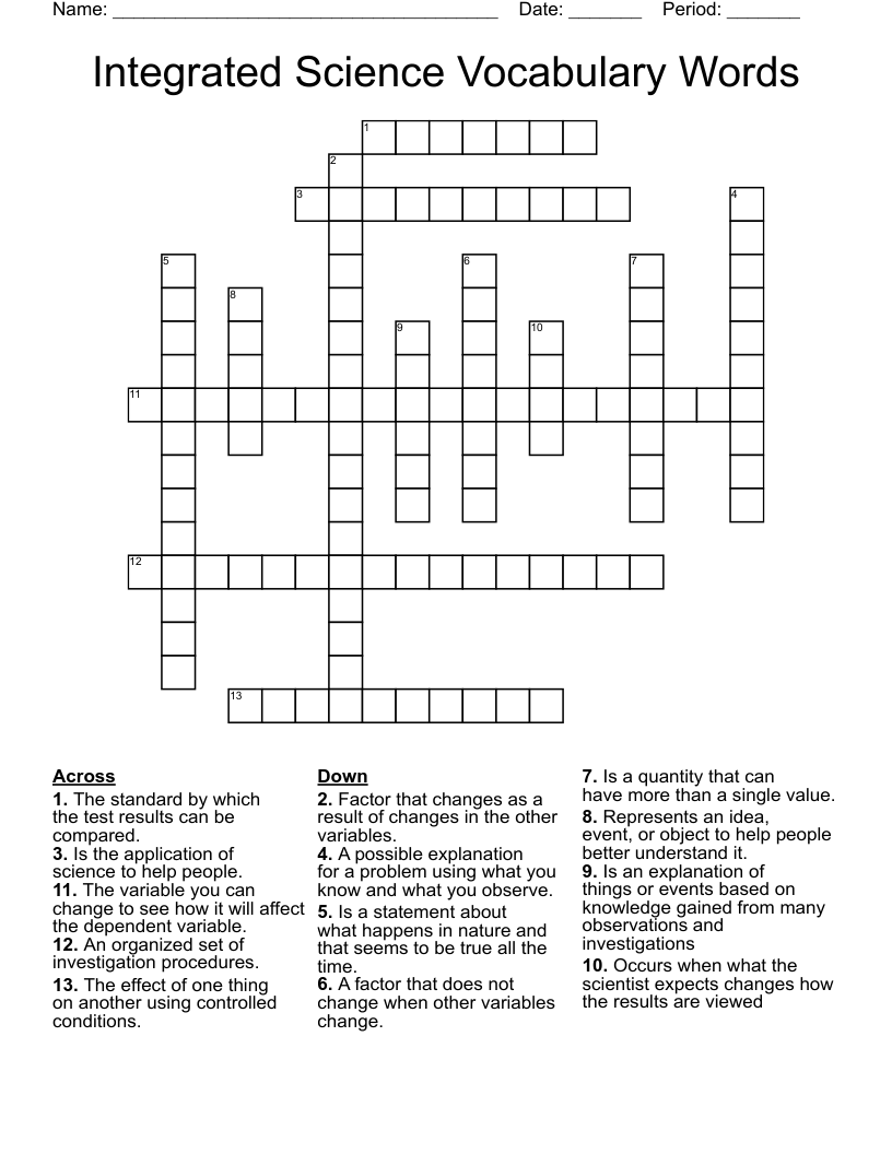 Integrated Science Vocabulary Words Crossword