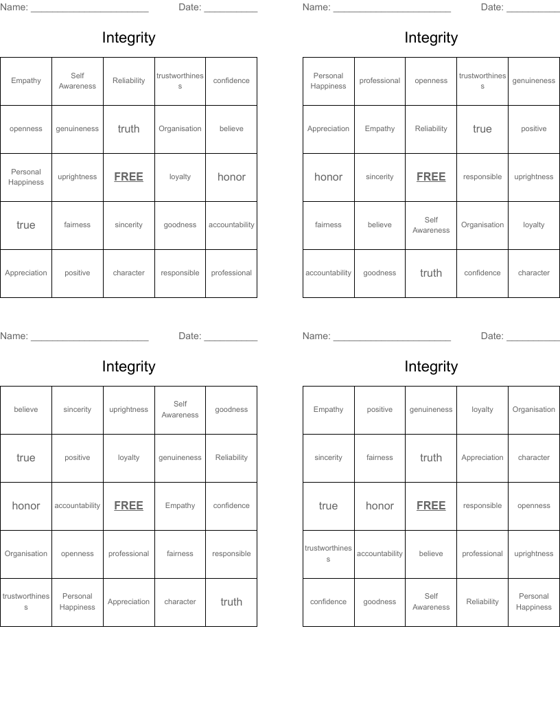 Integrity Bingo Cards
