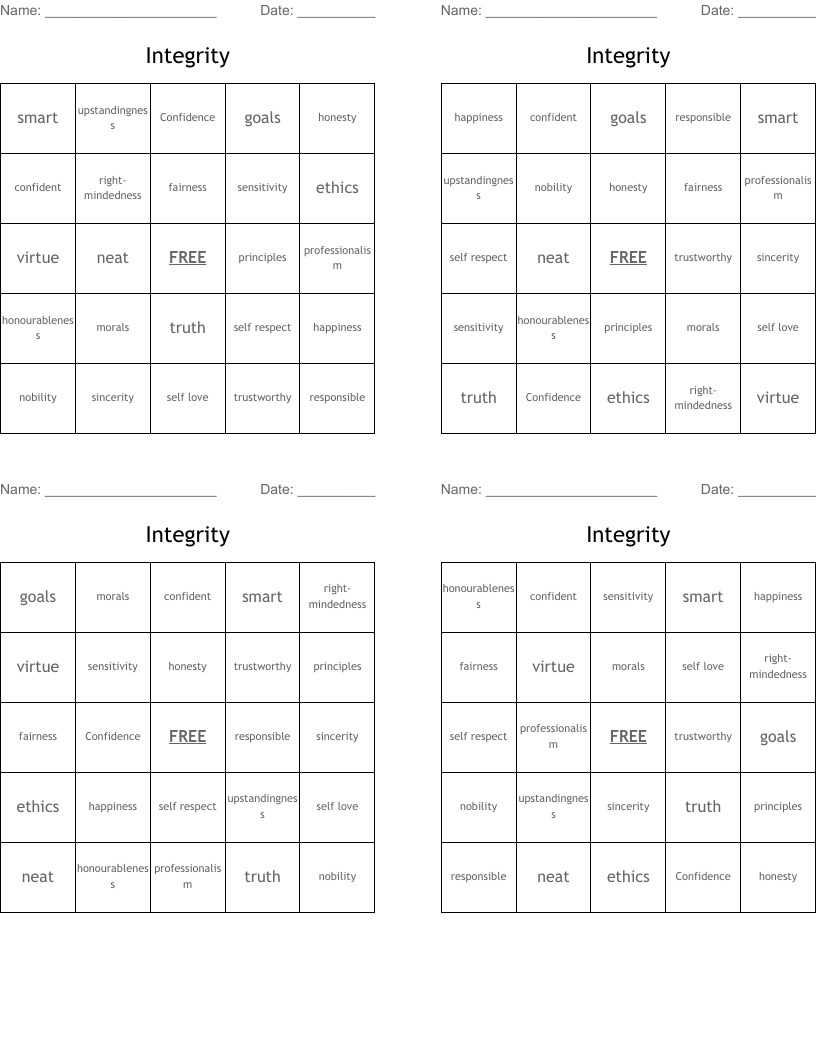 Integrity Bingo Cards