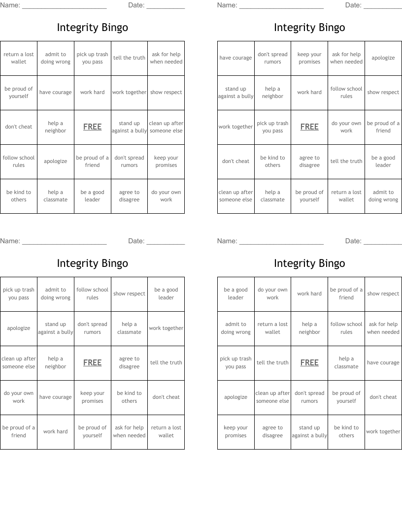 Integrity Bingo 