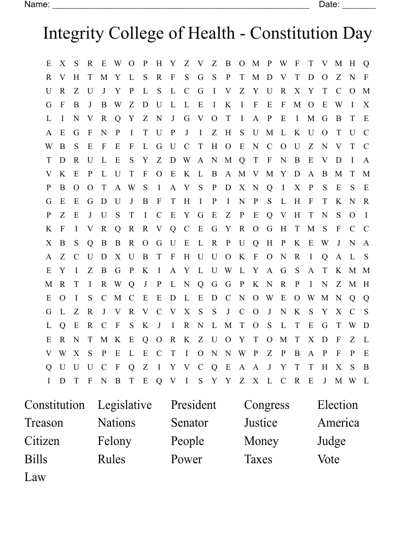 Integrity College of Health - Constitution Day Word Search