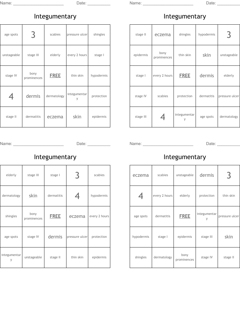 Integumentary Bingo Cards