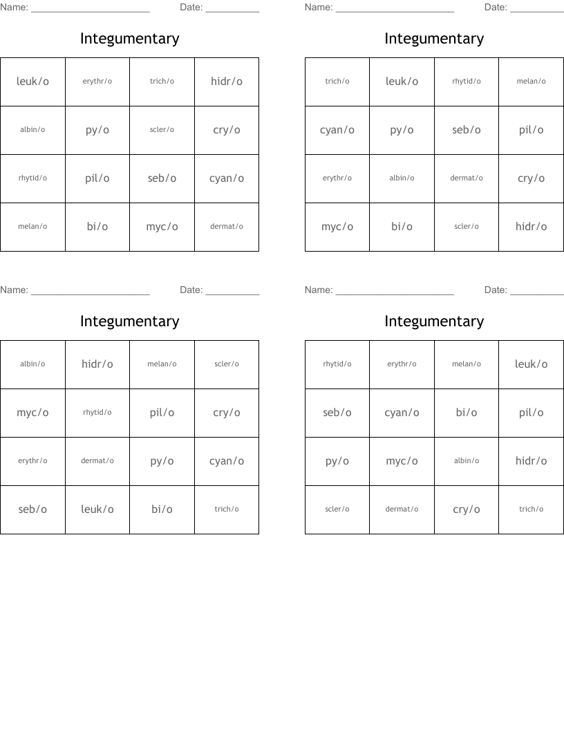 Integumentary Bingo Cards