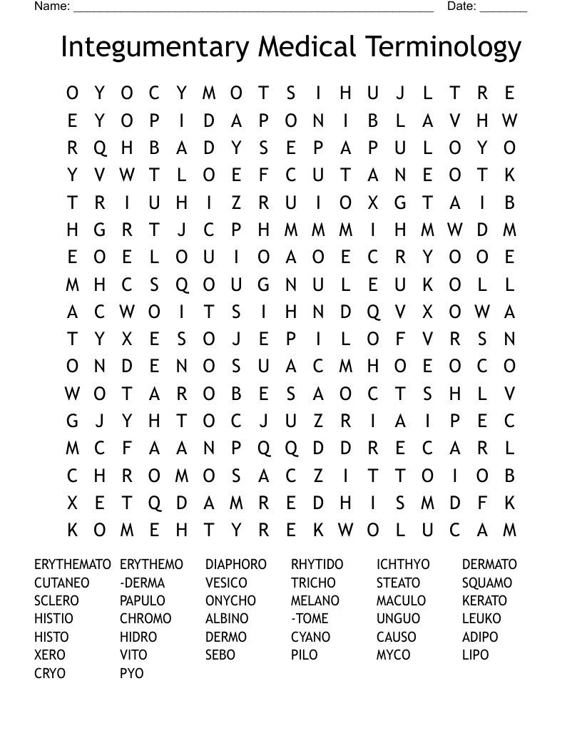 Integumentary Medical Terminology Word Search