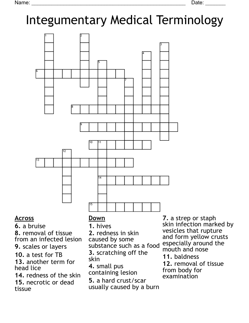 Integumentary Medical Terminology Crossword