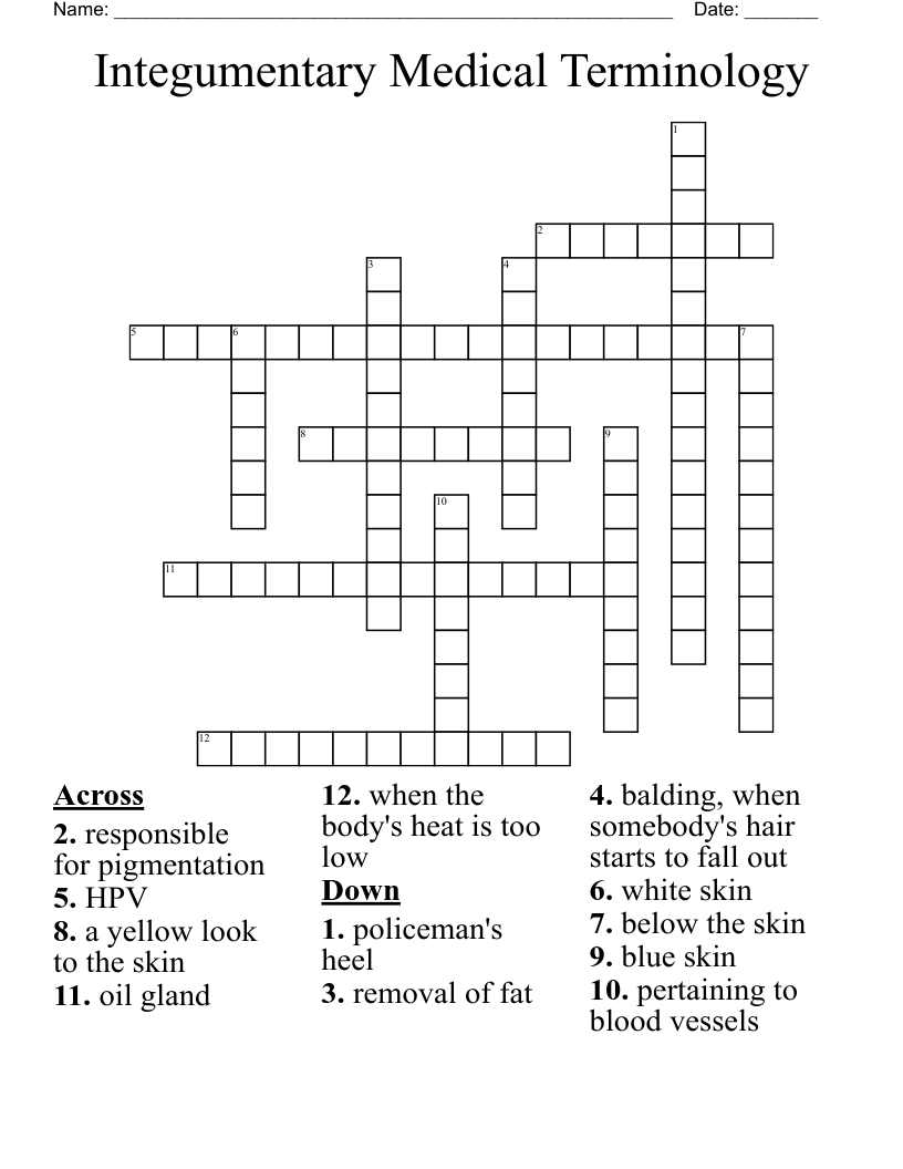 Integumentary Medical Terminology Crossword