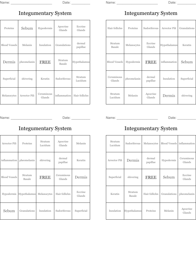 Integumentary System Bingo Cards