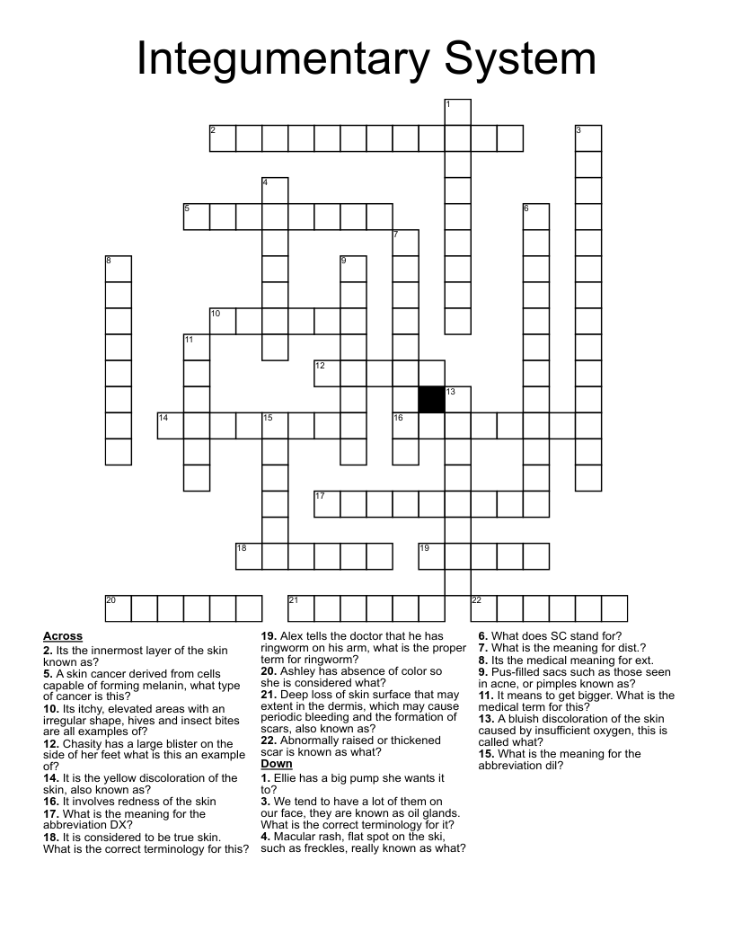 Integumentary System Crossword