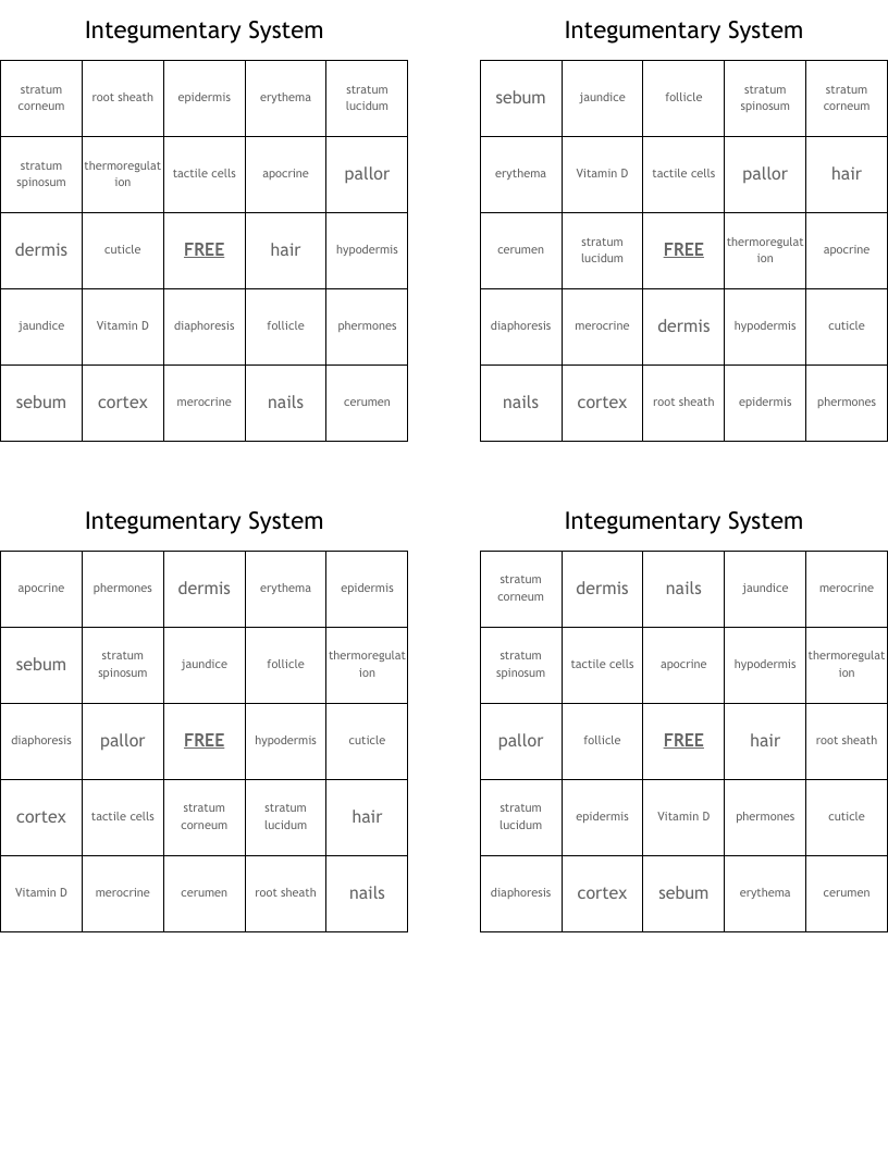 Integumentary System Bingo Cards
