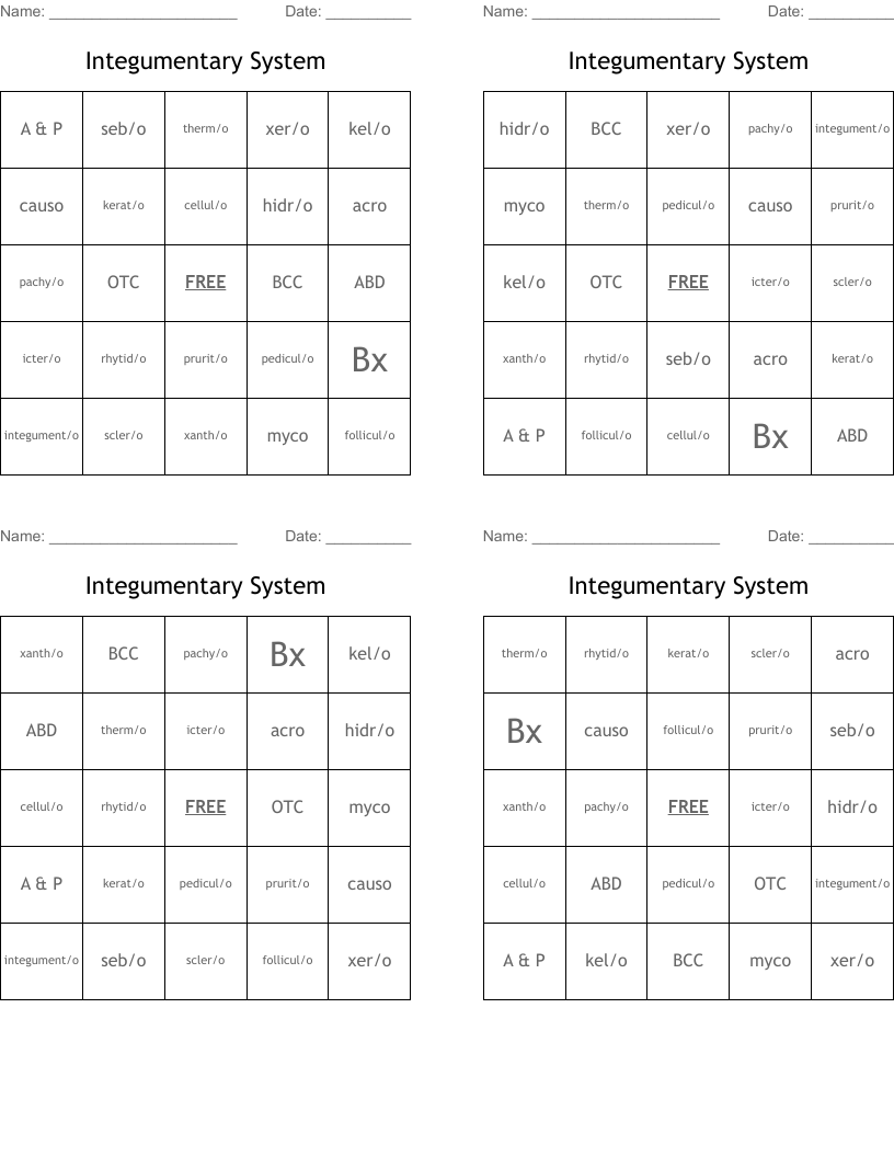 Integumentary System Bingo Cards