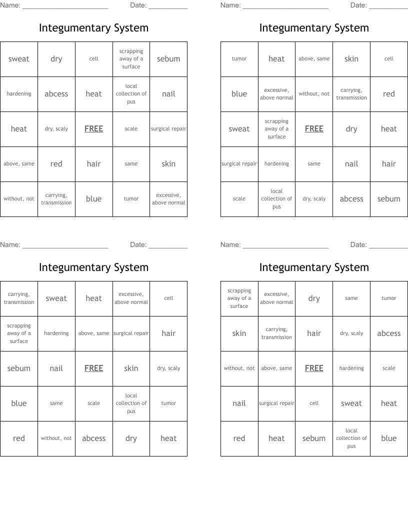 Integumentary System Bingo Cards