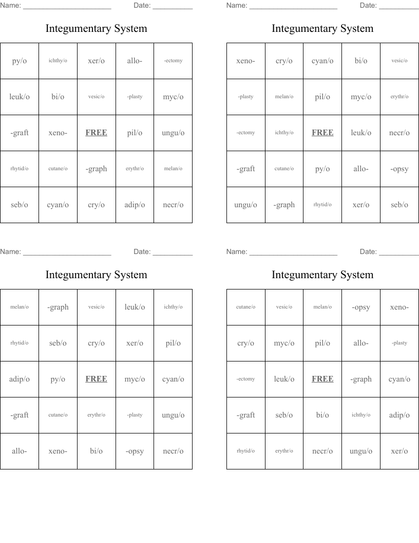 Integumentary System  Bingo Cards
